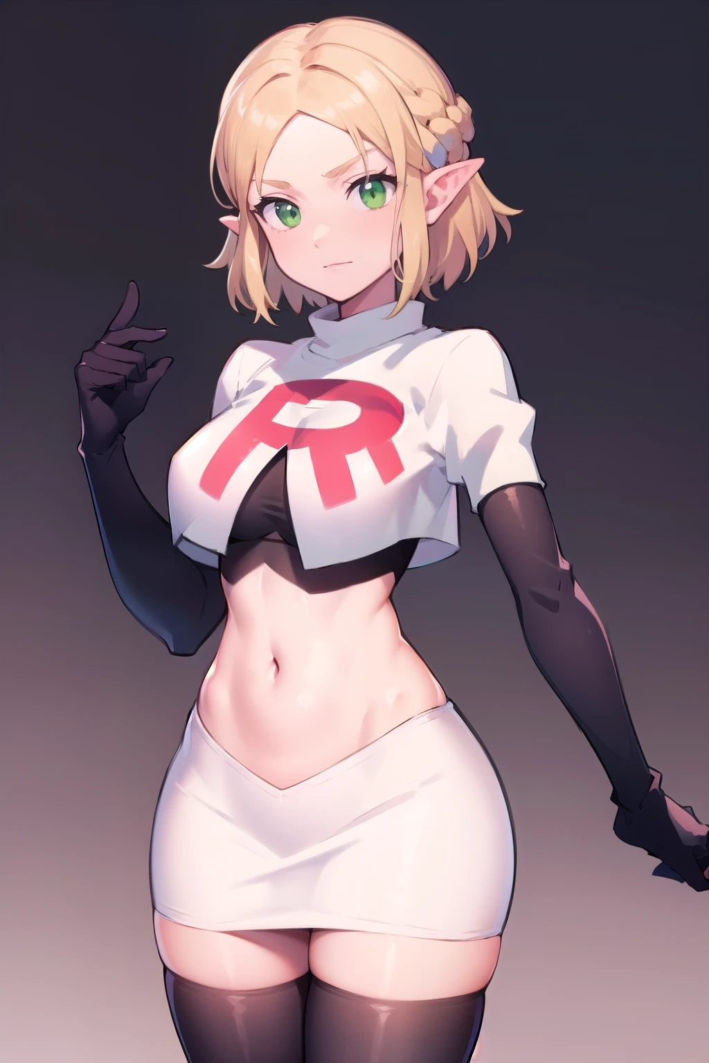 Zelda, green eyes, short hair ,team rocket,team rocket uniform,white skirt,red letter R,crop top,black thigh-highs,black elbow gloves, cowboy shot, sinister villianess look,