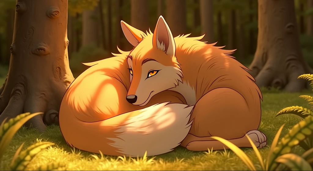 Fox lying on a tree watching the sunset in the forest, with the sun slowly descending over the horizon and painting the sky with shades of orange and pink. sounds and colors of nature during this magical moment of the day.