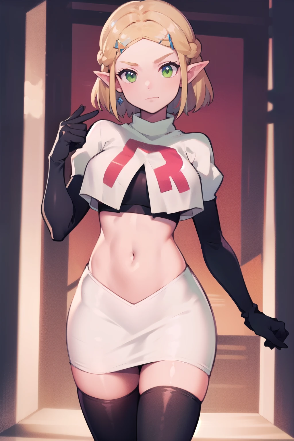 Zelda, green eyes, short hair ,team rocket,team rocket uniform,white skirt,red letter R,crop top,black thigh-highs,black elbow gloves, cowboy shot, sinister villianess look,