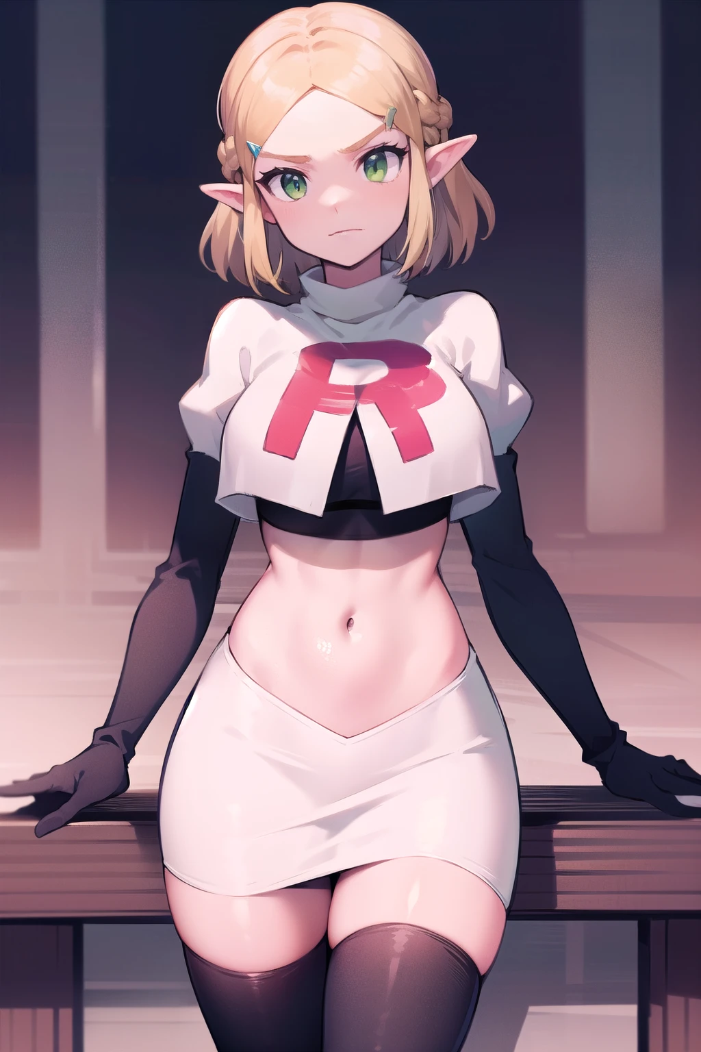 Zelda, green eyes, short hair ,team rocket,team rocket uniform,white skirt,red letter R,crop top,black thigh-highs,black elbow gloves, cowboy shot, sinister villianess look,