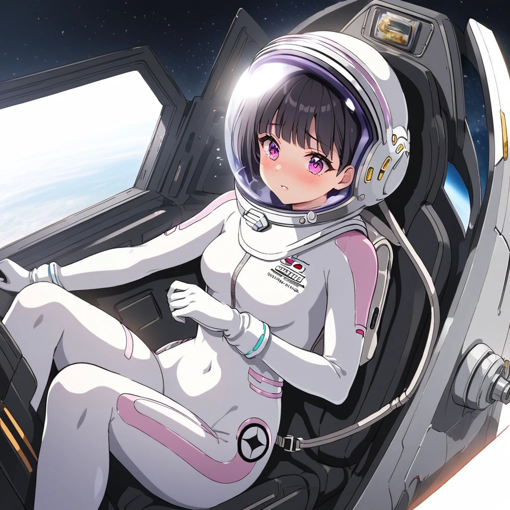 1人of女of子,Alone,short hair,(Space Suit:1.15), Black Hair Space Helmet ,whole body, indoor, masterpiece of the highest quality,  trembling, difficulty breathing, bodysuit,Lumine , Bubble Helmet, short hair,  backpack,gloves,blush,internal (cockpit) of (Futuristic spaceship:1.6), Sitting on narraw futuristic spacecraft cockpit seat, Covered navel, short hair