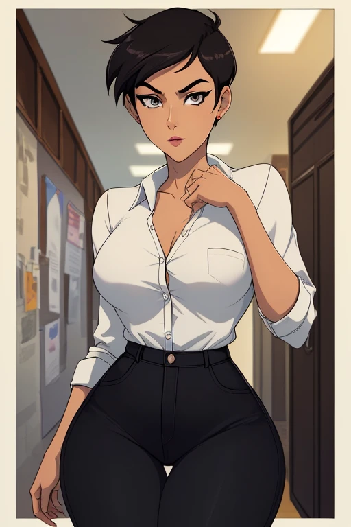 ((ultra quality)), ((masterpiece)), Lois Lane, short stature, ((black short hair tomboy hairstyle)), (Beautiful face), (beautiful female lips), (), charming, ((sexy facial expression)), looks at the camera, eyes slightly open, (light skin color), (light skin), glare on the body, ((detailed beautiful female eyes)), ((grey eyes)), (juicy female lips), (dark makeup, dark eyeliner, dark lipstick), (beautiful female hands), ((ideal female figure)), ideal female body, beautiful waist, gorgeous thighs, beautiful small breasts, ((subtle and beautiful)), sexy worth (), (White unbuttoned shirt, Black jeans) background: office, ((depth of field)), ((high quality clear image)), (clear details), ((high detail)), realistically, professional photo session, ((Clear Focus)), anime