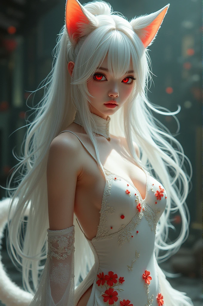 18-year-old female，Milky white long hair，Red Eyes，Long eyelashes，Unbelievably huge breasts，((3D anime style))，Fleeting，Eyes downcast，A revealing white dress，