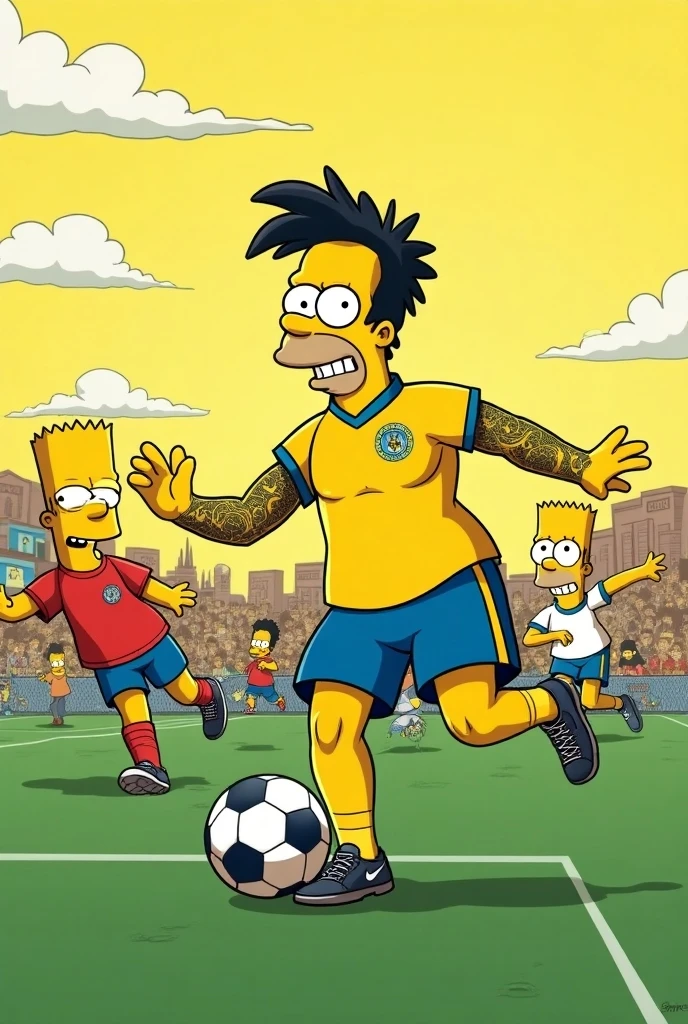 has a Enner Valencia Ecuador player in Simpson version without a shirt celebrating a goal on the Rollidas field with the stadium in the background with the whole team behind him celebrating Simpson version 