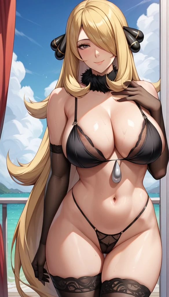 (Best Quality, 8k, masterpiece: 1.3),Voluptuous body,1girl, pinch \(GranBlue Fantasy\), large breasts, thighs, multicolored hair, multicolored eyes, gradient hair, twintails, bangs, low twintails, very long hair,bare shoulders, gloves, thigh strap, black bikini,Plump,Green Eyes,smile,The areola is protruding