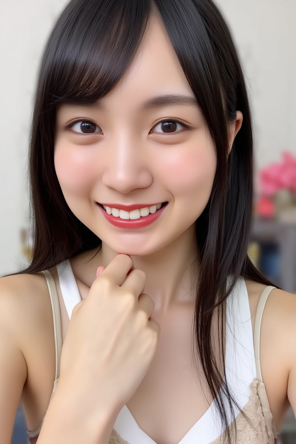 (((Making a heart shape with hands:10.5,  smile:2.1)))、 (RAW Photos、8k、32K、masterpiece、Realistic、  photoreal:1.37)、Cute Japanese women images、Photographed in natural light、  upper body、 1 girl、Photo Mapping、 Physically Based Rendering、Excellent image quality、  High Resolution  、1080P、(Detailed CG)、Rich details、(Detailed eyes)、 I'm looking forward to your eyes、Delicate clavicle、非常にリアルで詳細な若い女性の  upper bodyポートレート。The skin is beautiful、Soft light is reflected in the high part of the cheek、 Tiny pores and hair follicles、 Even the tiniest blood vessels are visible, The skin is smooth、Natural flushing of the cheeks、Gives a healthy glow, Eyes are big, clear, rainbow colored、 The iris has fine patterning、 Light is reflecting and shining in the eye。 There is a slight shadow under the eye、 Her eyelashes are long and naturally curled。 her lips are soft pink 、 Smooth texture and natural glow、Reflects light slightly ,  the woman is wearing a simple thin camisole、 The background is a pale monochrome gradient、焦点は完全に顔と  upper bodyに当たっている、Realistic shadows and textures、Photographic depiction