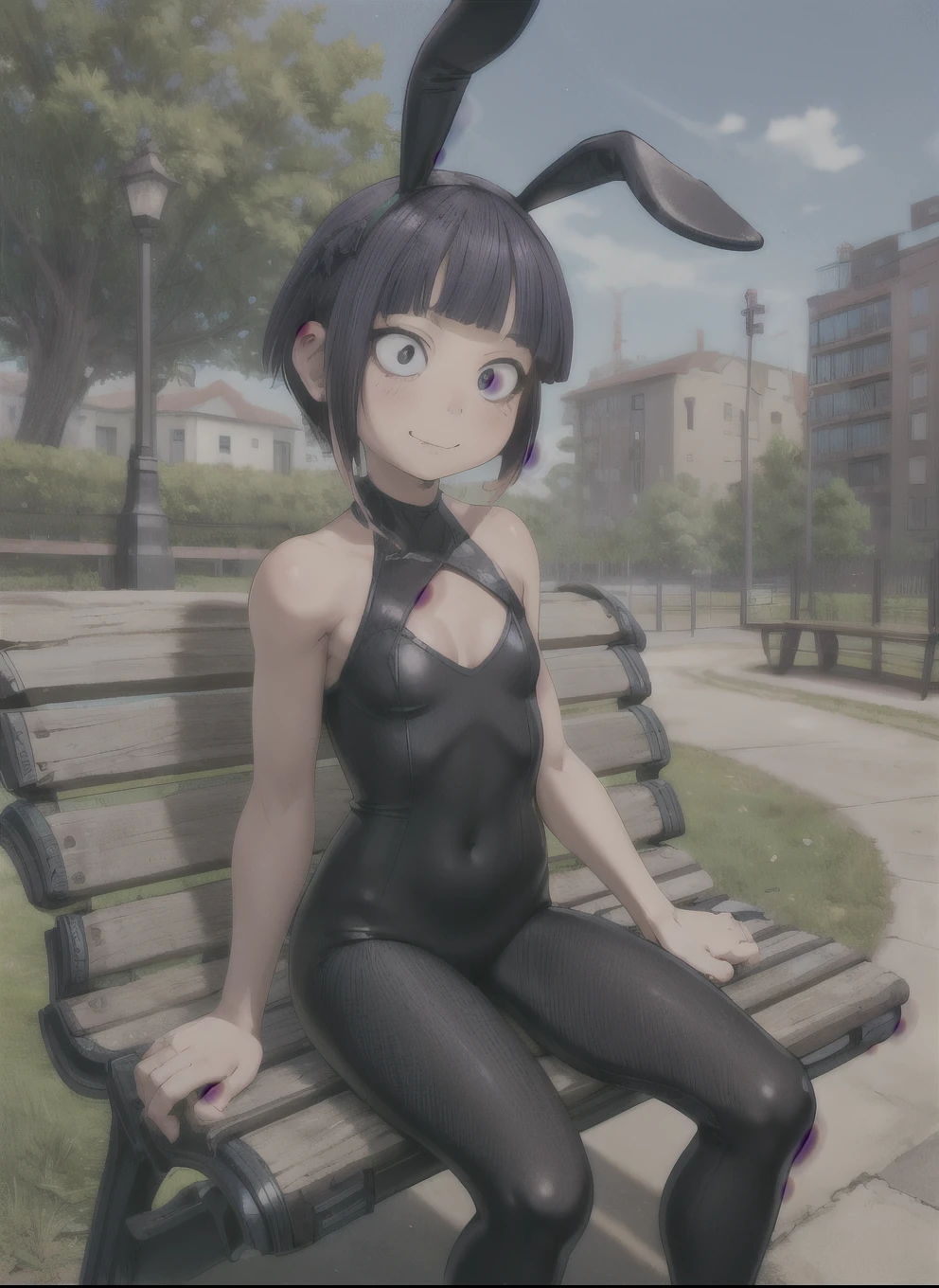 ((best quality)), ((highly detailed)), absurdres, (detailed eyes, deep eyes), (1girl), dynamic pose, cowboy shot, jirou2, purple hair, short hair, bangs, black eyes, long earlobes, small breasts, smiling, bunnysuit, maebari, pasties, bunny ears, cleavage, sleeveless, bare shoulders, pantyhose, high heels, (outside, at a park, trees, path, light post, on a park bench, city in the background, noon)