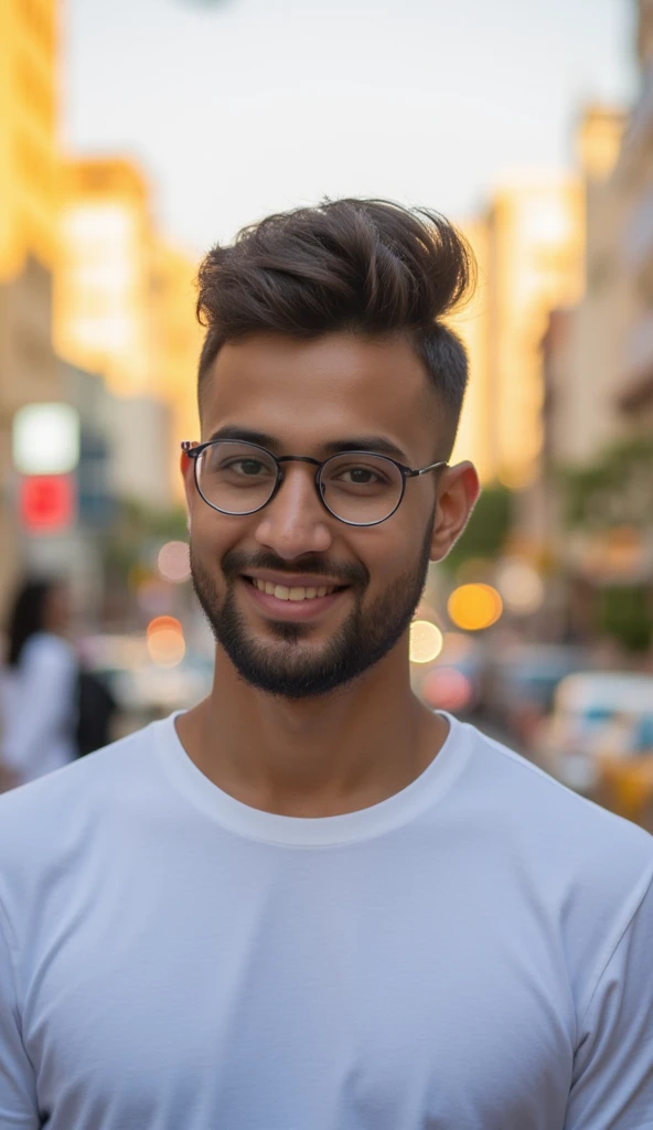 Full body portrait of a 23-year-old Indian man with a confident smile and a stylish, voluminous haircut featuring a fade on the sides. The top is styled upwards for a sharp, modern look. He wears rounded, clear-framed glasses and a simple white t-shirt. The man has a round face shape and a neatly trimmed beard along the jawline. The background features a vibrant urban setting illuminated by soft, golden-hour sunlight, capturing the essence of contemporary city life.