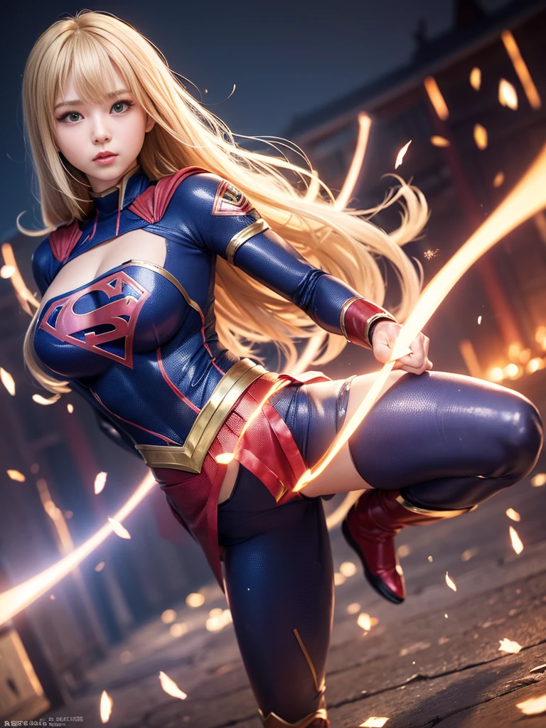 (8k, RAW photo, best quality, masterpiece: 1.2), ultra detailed, official art, photo-realistic: 1.37, upper body shot, SuperGirl, film grain, action pose --auto --s2