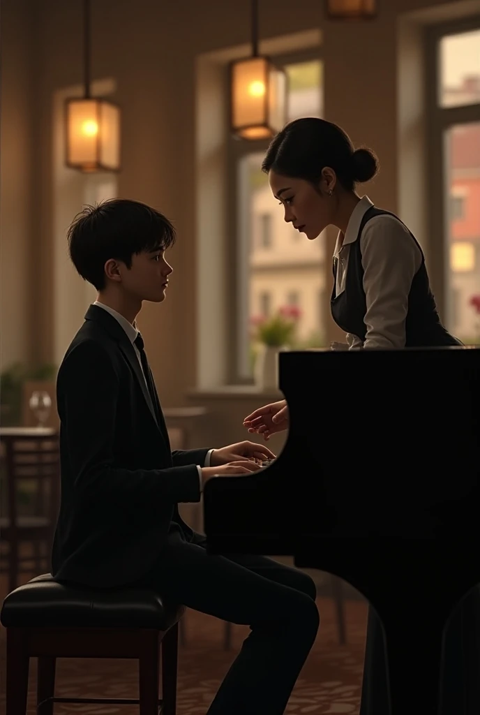 A child plays the piano, Nervousness and fear, His mother stood aside，The expression is serious.