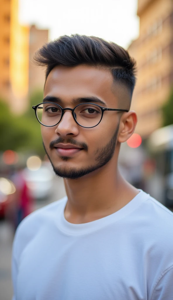 Full body portrait of a 23-year-old Indian man with a confident smile and a stylish, voluminous haircut featuring a fade on the sides. The top is styled upwards for a sharp, modern look. He wears rounded, clear-framed glasses and a simple white t-shirt. The man has a round face shape and a neatly trimmed beard along the jawline. The background features a vibrant urban setting illuminated by soft, golden-hour sunlight, capturing the essence of contemporary city life.