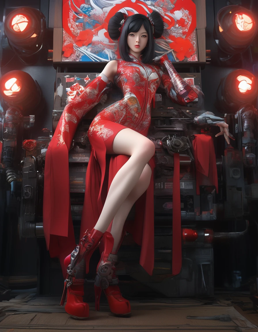 Japan girl, black hair,zipper detail,long red neck high thigh stockings,geisha art,robotic mechanical arm,color gradient,best quality,4k,8k,highres,masterpiece:1.2,ultra-detailed,realistic,photorealistic,photo-realistic:1.37,HDR,UHD,studio lighting,ultra-fine painting,sharp focus,physically-based rendering,extreme detail description,professional,vivid colors,bokeh,dark fantasy,concept art