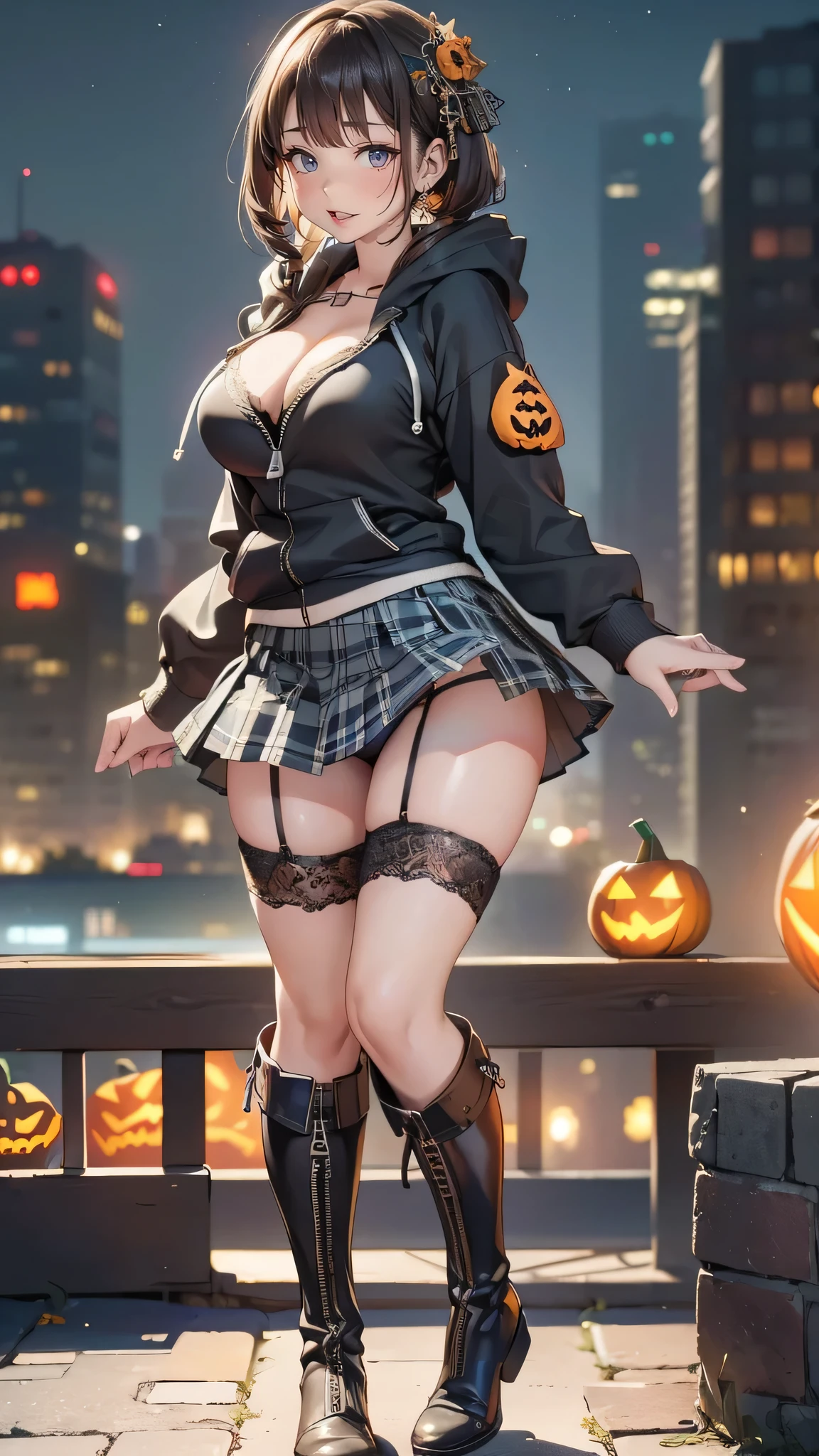 1 beautiful young girl, Super beautiful detailed face, smile shyly, small breasts, deep cleavage:0.8), (oversized full zip hoodie:1.3), (Grey tartan check pleated skirt), (knee-high boots), (garter-belt), (break), (lift the hem of the skirt by myself:1.3), (flip up the skirt by myself:1.3), (lace panties, show panties:1.3), hime cut hair, (Fine face:1.2), High quality, Realistic, extremely detailed CG unified 8k wallpaper, highly detailed, High-definition raw color photos, professional photography, Realistic portrait, Cinematic Light, Beautiful detailed, Super Detail, high details, (((Bokeh))), depth of fields, illumination, Neon Street, Super stylish lighting, halloween night, pumpkin lantern