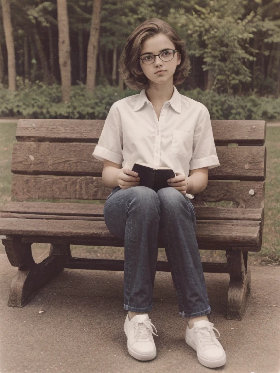 ((Monochrome Photography)), ( black and white ), masterpiece, photo paper effect , Film grain,  monochrome photo of a charming 16-year-old Soviet girl with glasses in the 80s style ))),  shot  "Svema"  with a DSLR  "Zenith ",  a beautiful round brown-eyed girl with aesthetic very small teenage breasts with beautiful erect nipples,  natural light ,  sunny day ,  on a park bench with a book ,  read the book ,  perfect realistic teenage anatomy , Small stature, short torso,  fragile teenage build ,  beautiful hands and feet with graceful fingers ,  80s-style short hair , without cosmetics and make-up,  natural and carefree shameless girl ,  perfect beautiful realistic proportional round young face , Realistic, expressive eyes,  small proportional beautiful wide nose , plump sensual lips,  realistic human skin texture ,  elegant stylish button shirt , flared jeans, Sneakers,  without jewelry and jewelry ,  I don't wear a bra because I don't want to , 