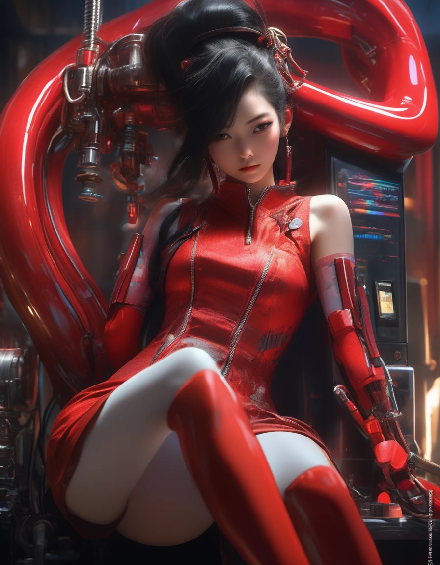 Japan girl, black hair,zipper detail,long red neck high thigh stockings,geisha art,robotic mechanical arm,color gradient,best quality,4k,8k,highres,masterpiece:1.2,ultra-detailed,realistic,photorealistic,photo-realistic:1.37,HDR,UHD,studio lighting,ultra-fine painting,sharp focus,physically-based rendering,extreme detail description,professional,vivid colors,bokeh,dark fantasy,concept art