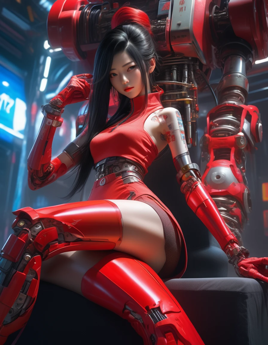 Japan girl, black hair,zipper detail,long red neck high thigh stockings,geisha art,robotic mechanical arm,color gradient,best quality,4k,8k,highres,masterpiece:1.2,ultra-detailed,realistic,photorealistic,photo-realistic:1.37,HDR,UHD,studio lighting,ultra-fine painting,sharp focus,physically-based rendering,extreme detail description,professional,vivid colors,bokeh,dark fantasy,concept art