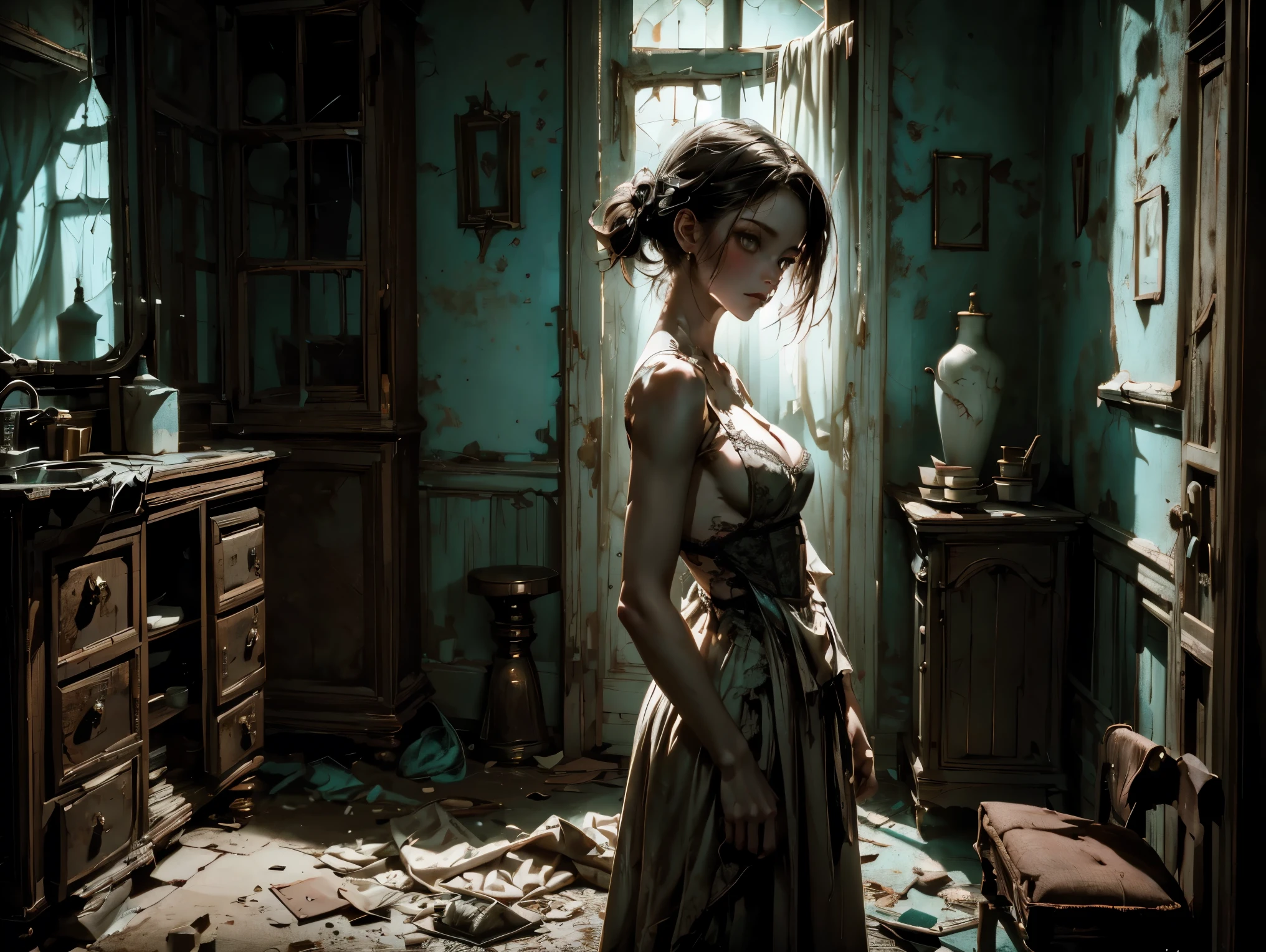 A female character with porcelain-like skin and lifeless eyes, wearing a revealing, tattered Victorian-style dress. She stands in a dimly lit abandoned room, surrounded by broken toys and eerie shadows. Her expression is blank yet haunting as she poses suggestively.