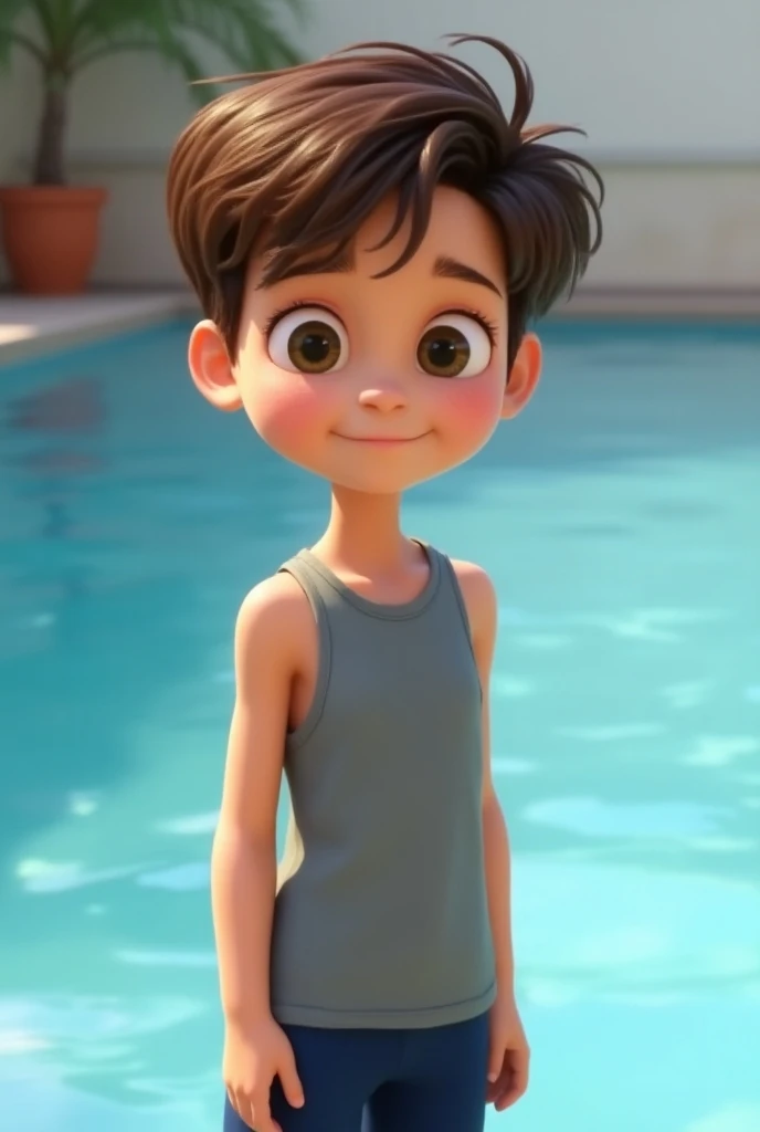 Boy in white shirt standing in front of a fountain,  tem cabelo preto curto