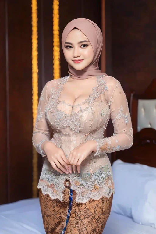 amazing quality, elegant, perfect, hyper realistic, masterpiece ,Create a photorealistic masterpiece of a beautiful woman with hijab wearing traditional Indonesian kebaya attire, solo, firm medium breast, cleavage cutout, Set her against a dark, bedroom backdrop with a captivating glow in the background and bokeh effect. Ensure the image quality is 8K with ultra-realistic details.,kebaya,kebaya indonesia