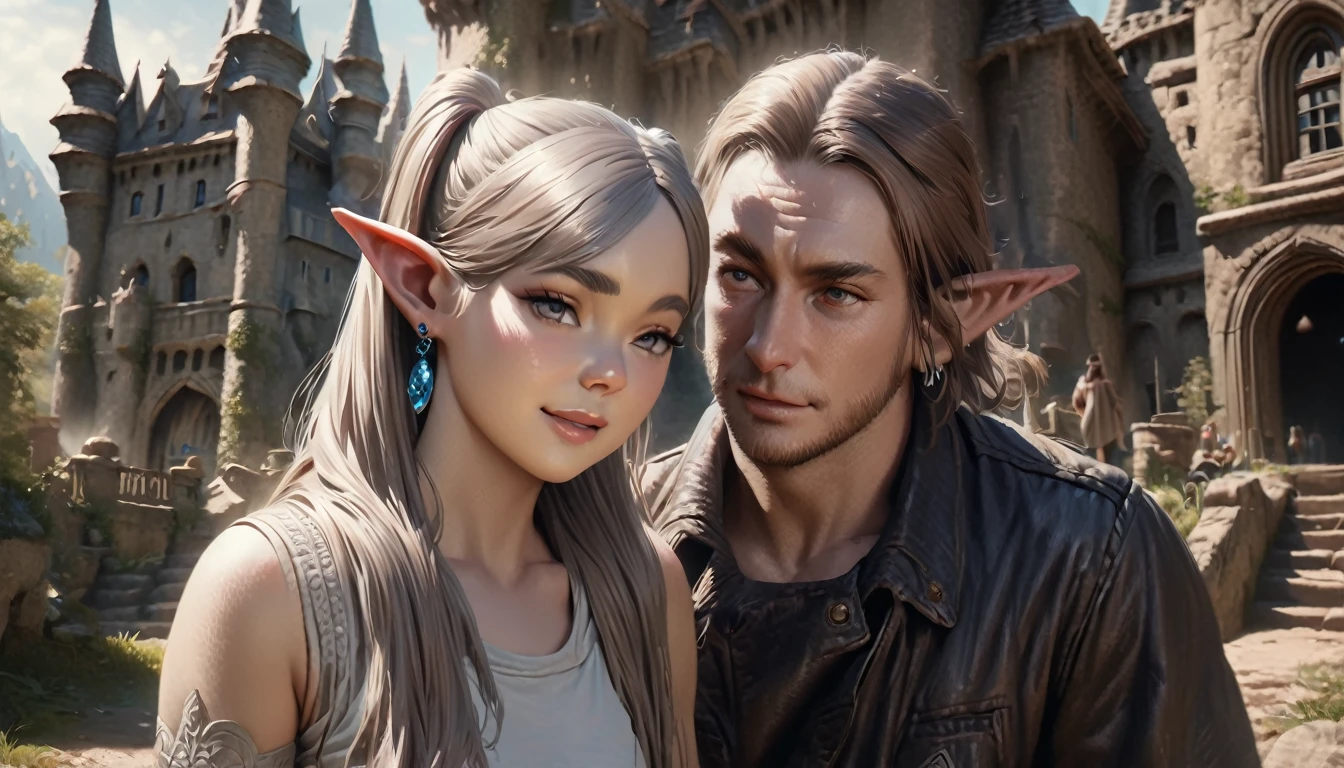 a beautiful elf girl with pointy ears, grey hair, thick eyebrows, twintails and parted bangs, wearing earrings, smiling and standing in front of a castle, (best quality,4k,8k,highres,masterpiece:1.2),ultra-detailed,(realistic,photorealistic,photo-realistic:1.37),fantasy,concept art,highly detailed,intricate details,dramatic lighting,vivid colors,cinematic lighting