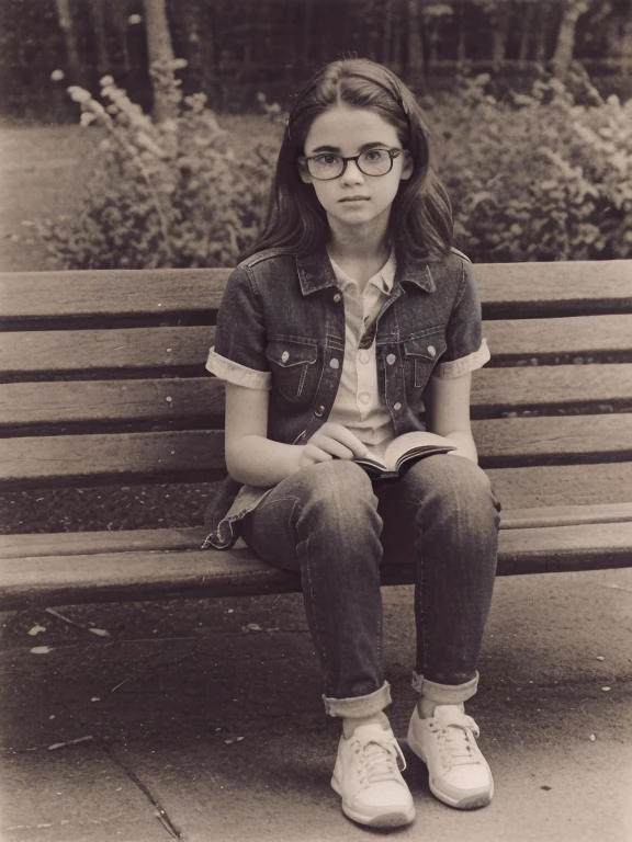 ((Monochrome Photography)), ( black and white ), masterpiece, photo paper effect , Film grain,  monochrome photo of a charming -yeld Sot girl with glasses in the 80s style ))),  shot  "Svema"  with a DSLR  "Zenith ", Round baby faceul brown-eyed girl with aesthetic very small teenage breasts with nice erect nipples,  natural light ,  sunny day ,  on a park bench with a book ,  read the book ,  perfect realistic teenage anatomy , Small stature, short torso,  fragile teenage build ,  beautiful hands and feet with graceful fingers , short tousled disheveled dark hair, without cosmetics and make-up,  natural and carefree shameless girl ,  perfect beautiful realistic proportional round young face , Realistic, expressive eyes,  small proportional beautiful wide nose , plump sensual lips,  realistic human skin texture ,  elegant stylish button shirt , flared jeans, Sneakers,  without jewelry and jewelry ,  I don't wear a bra because I don't want to , 