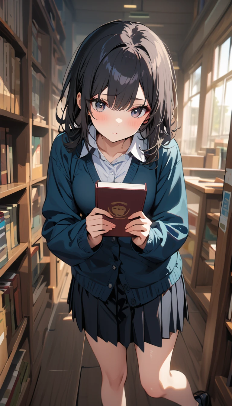 ((masterpiece)), One Girl,  Libraries , Reaching for a book, Black Hair, Medium Long,  Natural Wave , Slanted Bangs , Big Eyes, Black eyes,  long eyelashes, Fair skin,  clear skin, Slender, delicate, 160cm, White blouse,  navy blue cardigan with a good view,  Knee Length Pleated Skirt,  Black Loafers,  Slightly Melancholy Expression ,  Modest Eye Makeup 