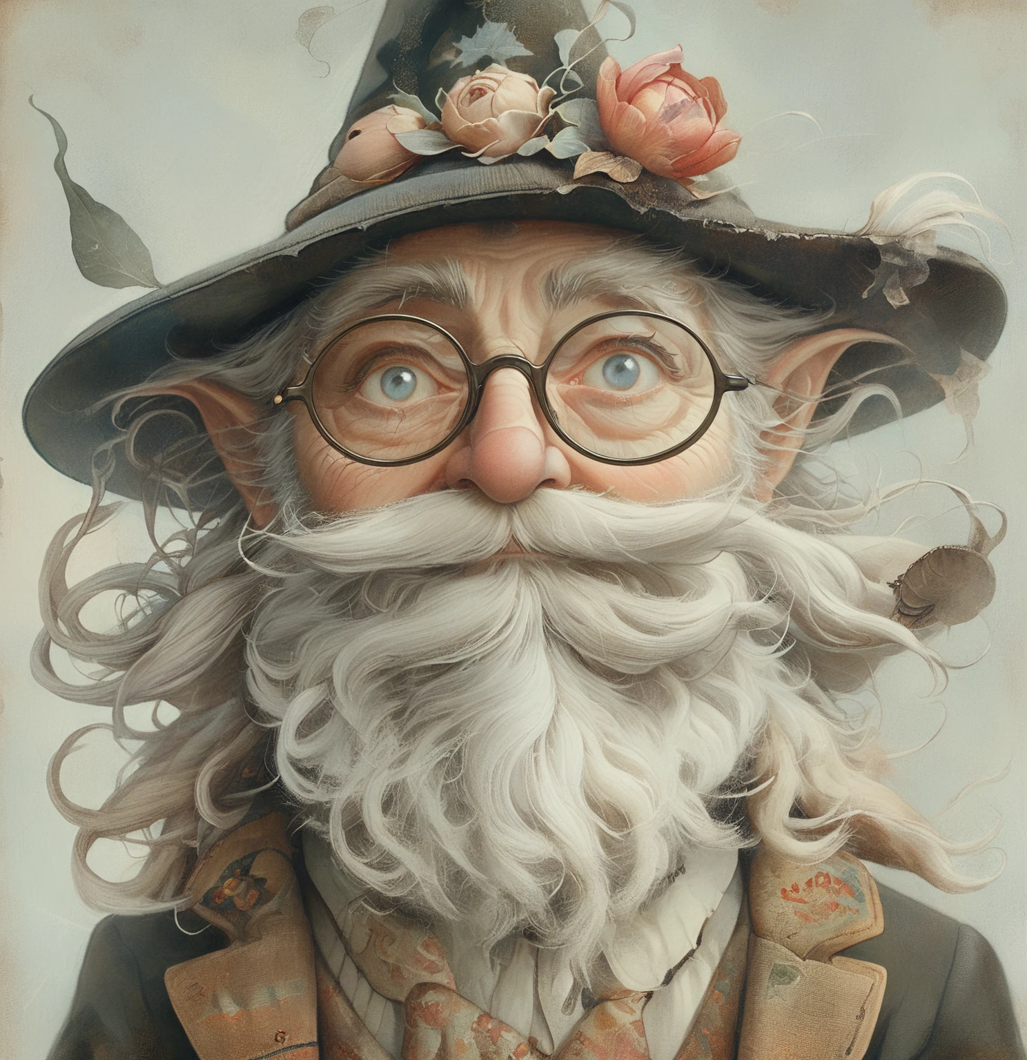  close-up of a black and white photograph of a man wearing a hat and glasses, the Wizard, portrait of a Wizard, Wizard,  fantasy RPG symmetrical portrait ,  portrait of Gandalf , Tool Band Art , Symmetrical epic fantasy art,A highly detailed and symmetrical image of a wizard-like figure wearing a large pointed hat and round glasses, designed in a cute Art Nouveau style. The figure's features are composed of soft, flowing shapes and intricate, organic lines typical of Art Nouveau. The color palette uses pastel tones to create a gentle, charming atmosphere. The lighting is carefully placed to create soft highlights and shadows, especially around the hat and glasses, enhancing depth and texture. The background includes complex spirals, floral elements, and cubes, adding visual depth and artistic flair. There is a strong balance between the figure and the background, with the foreground elements sharply contrasted to bring focus to the central figure