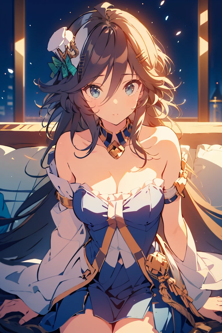 (((masterpiece))),Highest quality, figure,(Beautiful detailed girl),Exposing shoulders,flat_CHST,Diamonds and sparkling eyes,Beautiful and detailed cold face,Very long blue and silver hair,Floating black feather,Moon of night，Wavy hair,Black and white of sleeve,Gold and silver of fringe,Silver three-crowned tiara inlaid with obsidian,(sit) black ((throne)), (depth) of (Field),big_chest