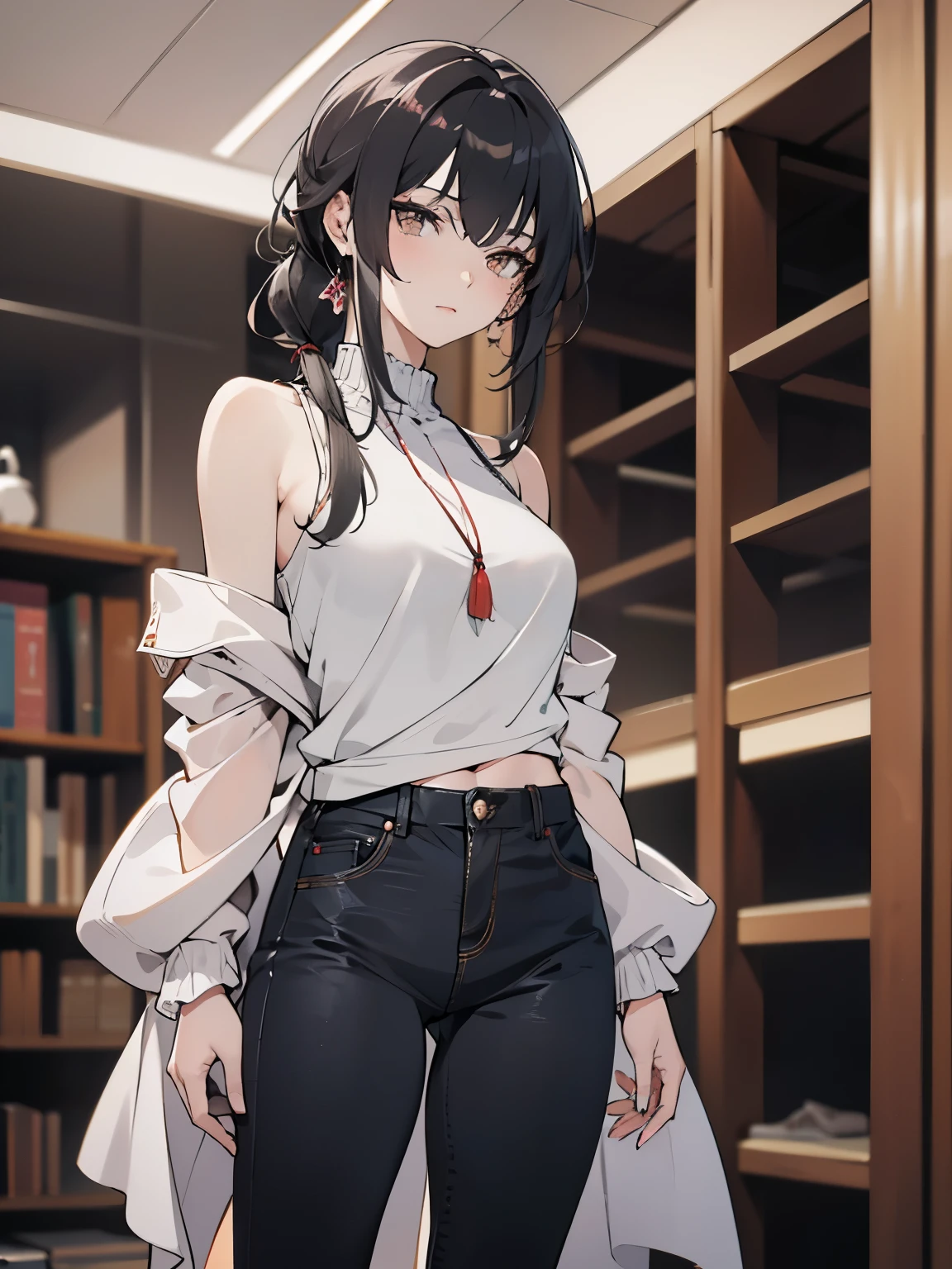 Natsumi Takahara is a 160 cm tall girl with a thin build . She has long, straight black hair to the shoulder blades , usually loose , but sometimes arranged in a low ponytail . Her brown eyes with long eyelashes look calm and a little detached, conveying inner focus . Her face is oval with soft features , and the skin is light, almost porcelain.
She wears dark , x} minimalist modern clothes : black skinny jeans , loose, plain dark gray sweater and black sneakers . . The look looks restrained and neat , that does not attract too much attention , but elegant in its simplicity .