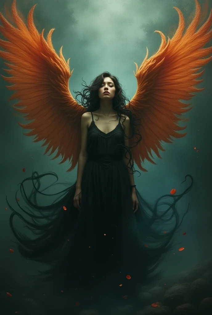 melhor qualidade, obra prima, ultra-high-resolution, (fotografia realista:1.4), surrealismo, Semelhante a um sonho,FusionArt, Female Evil Fallen Angel with Huge Wings of Fire Lying on the Ground, In an apocalyptic city on fire, looking-into-camera, Magia das sombras, Darkness Control, Sigilo, passo da sombra, Boundary spells, hidden blade,
