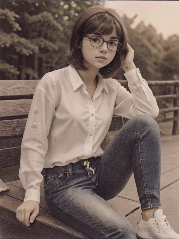 ((Monochrome Photography)), ( black and white ), masterpiece, photo paper effect , Film grain,  monochrome photo of a charming -yeld Sot girl with glasses in the 80s style ))),  shot  "Svema"  with a DSLR  "Zenith ", Round baby faceful brown-eyed girl with aesthetic very small teenage breasts with beautiful erect hard nipples,  natural light ,  sunny day ,  on a park bench with a book ,  read the book ,  perfect realistic teenage anatomy , Small stature, short torso,  fragile teenage build ,  beautiful hands and feet with graceful fingers , short tousled disheveled dark hair, without cosmetics and make-up,  natural and carefree shameless girl ,  perfect beautiful realistic proportional round young face , Realistic, expressive eyes,  small proportional beautiful wide nose , plump sensual lips,  realistic human skin texture , elegant stylish white translucent silk shirt with buttons (realistic hard nipple contour :0.9), flared jeans, Sneakers,  without jewelry and jewelry ,  I don't wear a bra because I don't want to , 