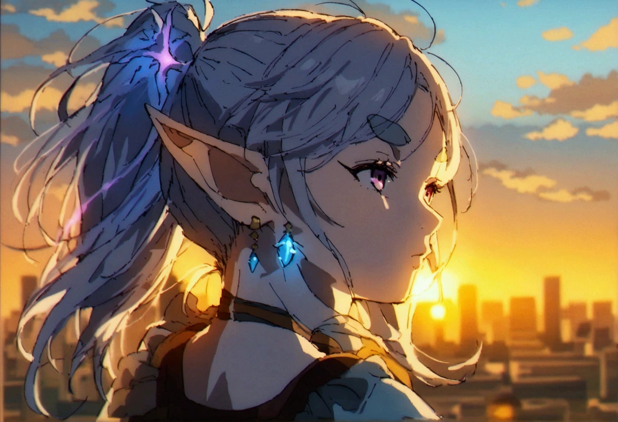 (freeze, pointy ears, elf, earrings, twintails, parted bangs, grey hair, thick eyebrows) flying,  blue sky background with a blur city underneath,  she's unleashing magic , Glow through her body , purple glow, It's a late afternoon, at sunset
