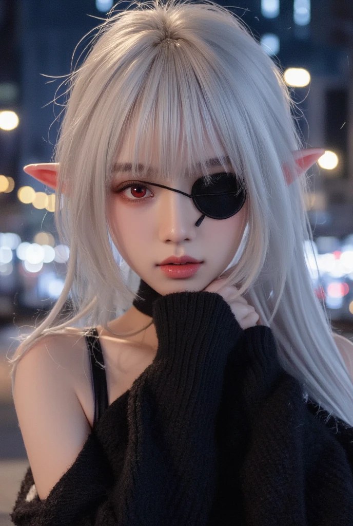 1girl, (solo), anime girl with long white hair and red eyes, girl with white hair, girl in white turtleneck, ((eyepatch)), pointed ears, ((vampire)), smirk, smug, closed mouth, cowboy shot, perfect white haired girl, white haired deity, digital cyberpunk anime art, turtleneck, lens flare, ((dramatic lighting)), soft glowing red eyes, extremely detailed, masterpiece, looking at viewer, city in background, (night)