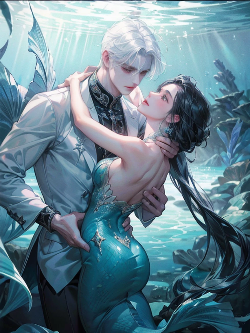 (man hugging a black-haired girl), long dress girl, masculine man, masculine face, attractive, muscular, (((1man))), masterpiece, absurdres, best quality ,intricate details, ((((full body)))), (shiny skin, shiny body, shiny oily luster skin, shiny hair, pale skintone), Sundown, attractive, ((muscular)), adult, one, earrings, Don't look at the view , Not looking at the view, silver hair man, braided hair man, perfect detailed face, perfect detailed hands, triton, fins, red eyes, triton ears, smirk, marine sea ornaments, open chest, ((long mermaid tail)), no legs, under the sea, fishes, masculine features, masculine face, (((night))), moonlight, darkness, dark light, character seen from afar
