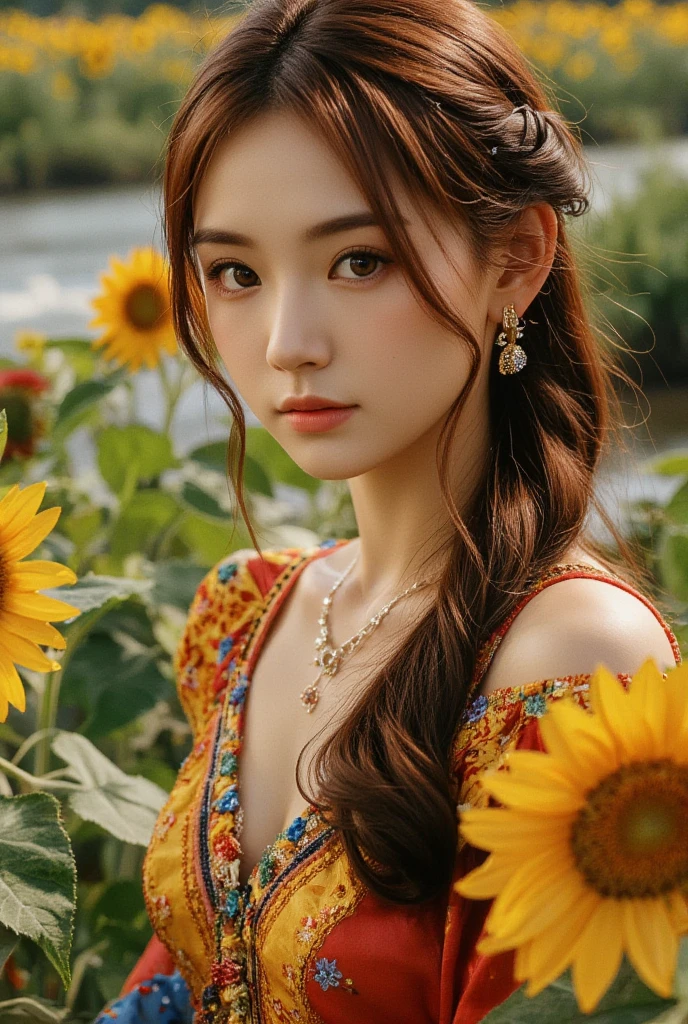 (  Absurdly , High quality , ultra detailed ) ,( hand detailed ) , 1girl, solo, mature, very long hair, sunflower hair , beautiful crystal eyes ( eye detailed ) Baroque, Necklace, long dress, long sleeve, elegant, colorful, highest detailed, upper body , with the river and sunflowers