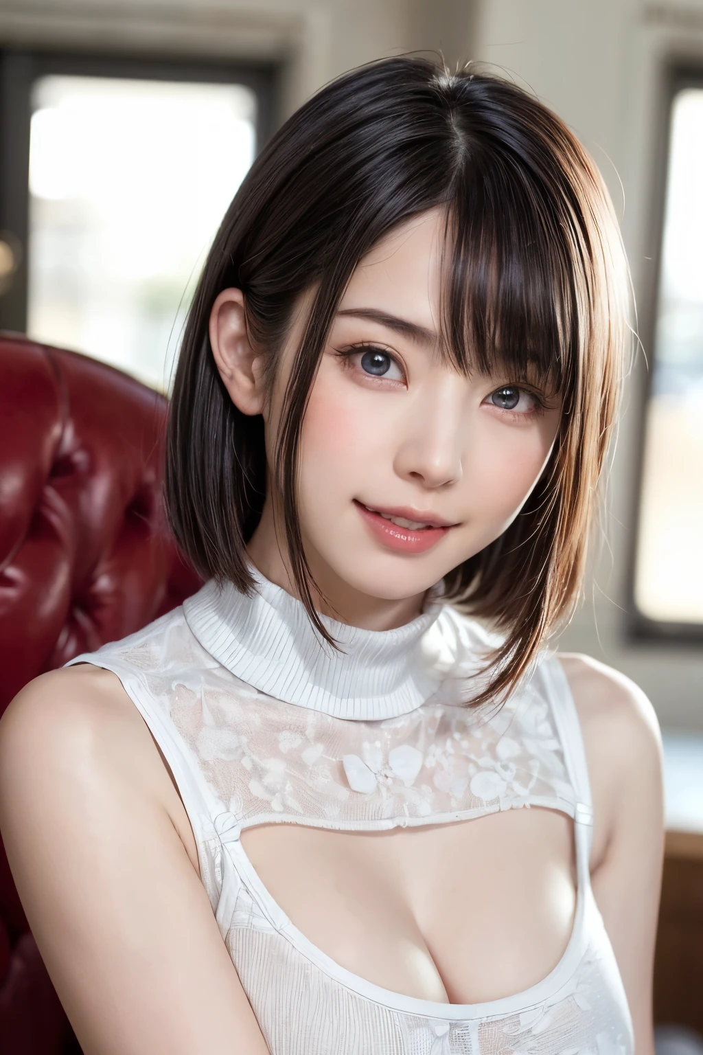 masutepiece, Best Quality, One girl, (Beautiful Girl:1.3), (16 years old:1.2), Very fine eye definition, (Symmetrical eyes:1.3), NSFW, (Put out naked, Cute sleeveless:1.3), Beautiful breasts, Brown eyes, Parted bangs, Brown hair, Upper teeth,Bedrooms,A smile,Get your hands on the front,