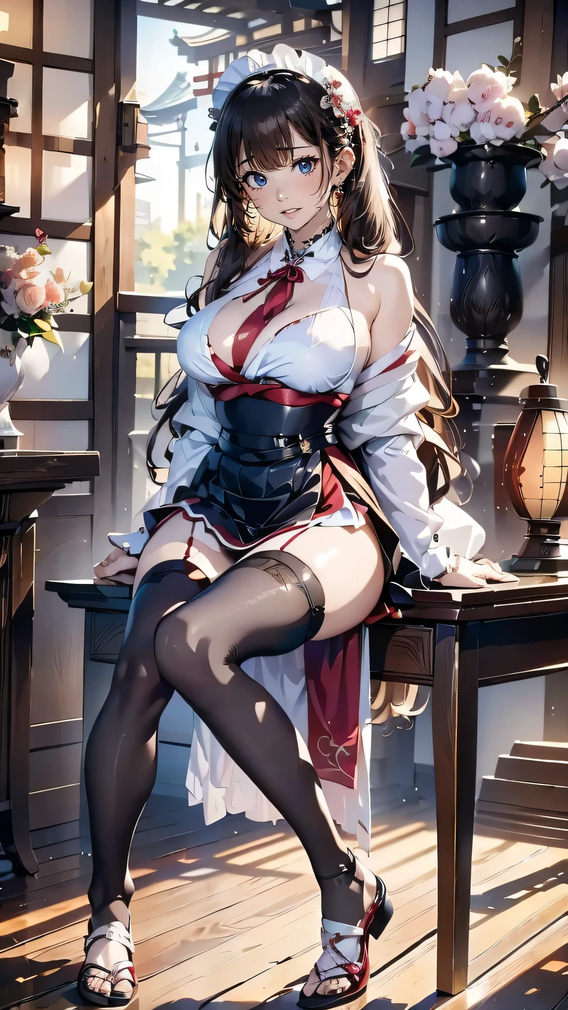 Arafi woman sitting at a table with a bottle of wine, stockings and skirt, hyperrealistic , a hyperrealistic , japanese goddess, gorgeous maid, realistic , wearing a skirt and shiny tights, Photographed with canon 5d mk4, pretty face with arms and legs, ultra realistic picture, realistic young gravure idol, sakimichan