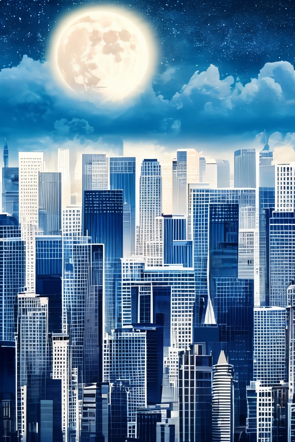 sky with many stars, full moon bright, big city, tall buildings.