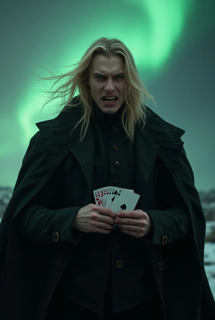 Create an image of a 3 male rogue named Cal Monty. He has olive-toned skin, hinting at his noble lineage, and striking blue eyes that convey intelligence and determination. His hair is a striking blonde, styled in a way that reflects both his noble background and streetwise lifestyle—perhaps slicked back or tied loosely. A long scar runs down one side of his face, a reminder of the violent coup that overthrew his family. Cal is dressed in a mix of fine, yet practical clothing, combining elements of nobility with the rough-and-tumble attire of a street rogue. He wears a tailored dark cloak over a set of leather armour, and his sharp eyes reflect intelligence and determination. In his hand, he holds a deck of cards, ready to perform a trick or deceive his next mark. The background might show a shadowy alley or a dimly lit room, hinting at his life of intrigue and deception.