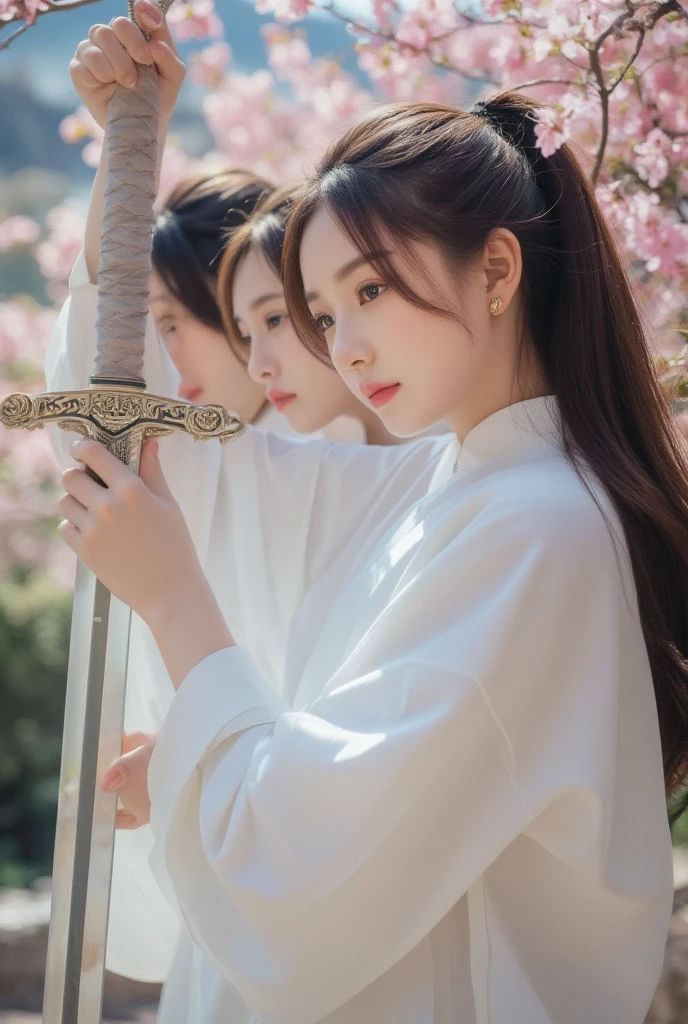 a beautiful girl in traditional chinese white taoist robes, holding a sword with gorgeous ornamentation, 3 girls, full body, extremely detailed face, high resolution, masterpiece, best quality, peach trees, fantasy landscape