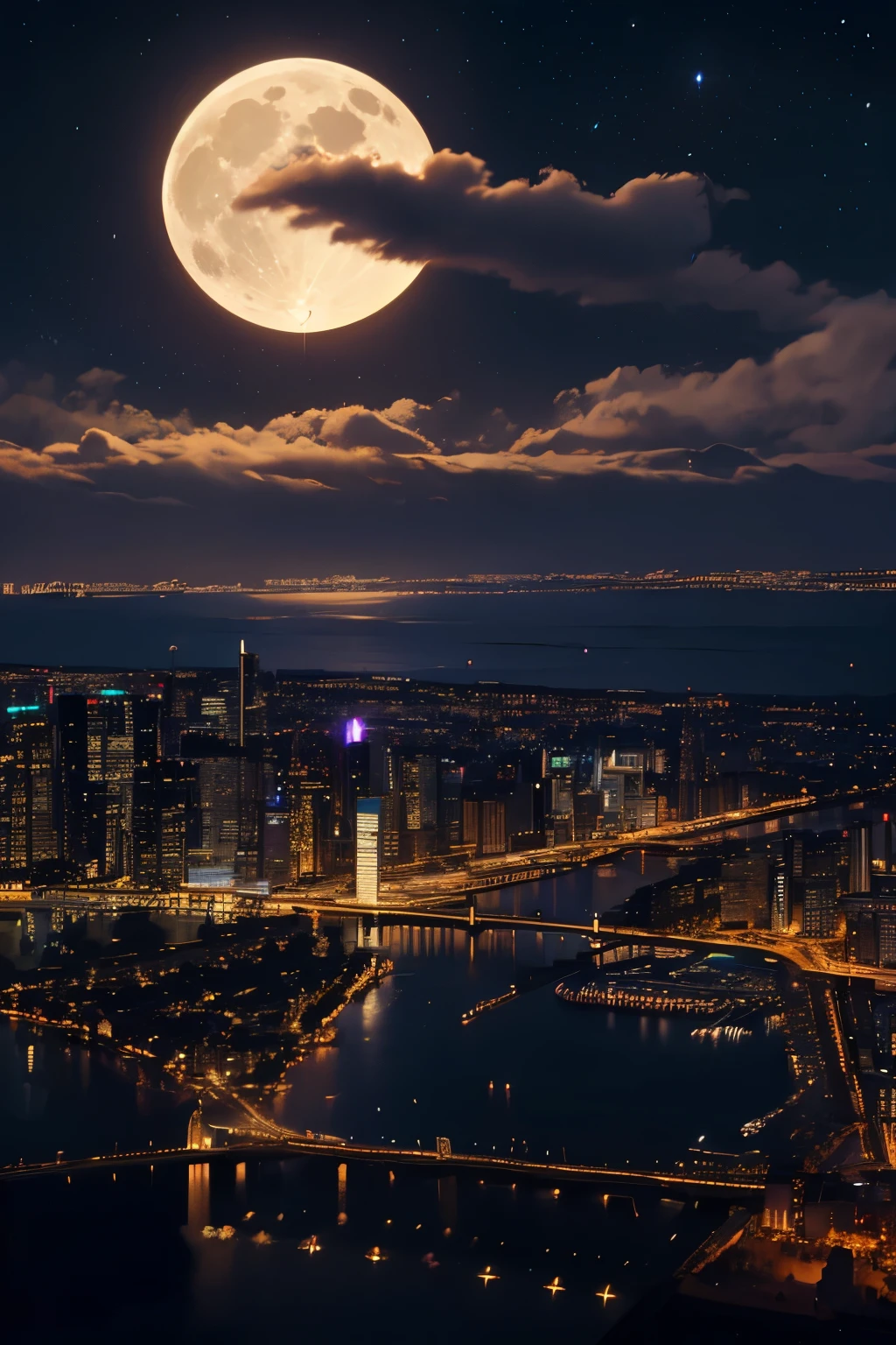 Sky with stars, Night in the city, full moon bright, big city, tall buildings.