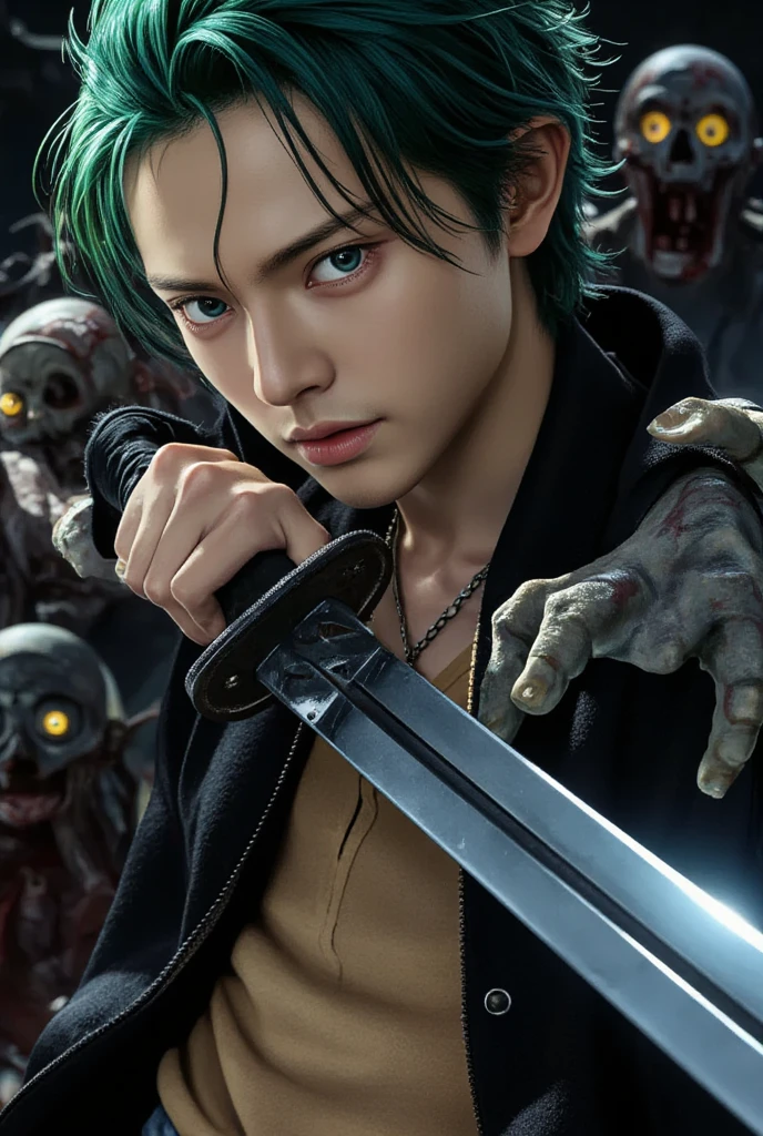 a close up of a person holding a sword in front of a bunch of zombies, roronoa zoro, badass anime 8 k, 4 k manga wallpaper, best anime 4k konachan wallpaper, anime epic artwork, handsome guy in demon slayer art, demon slayer artstyle, anime art wallpaper 4k, anime art wallpaper 4 k, anime wallpaper 4k