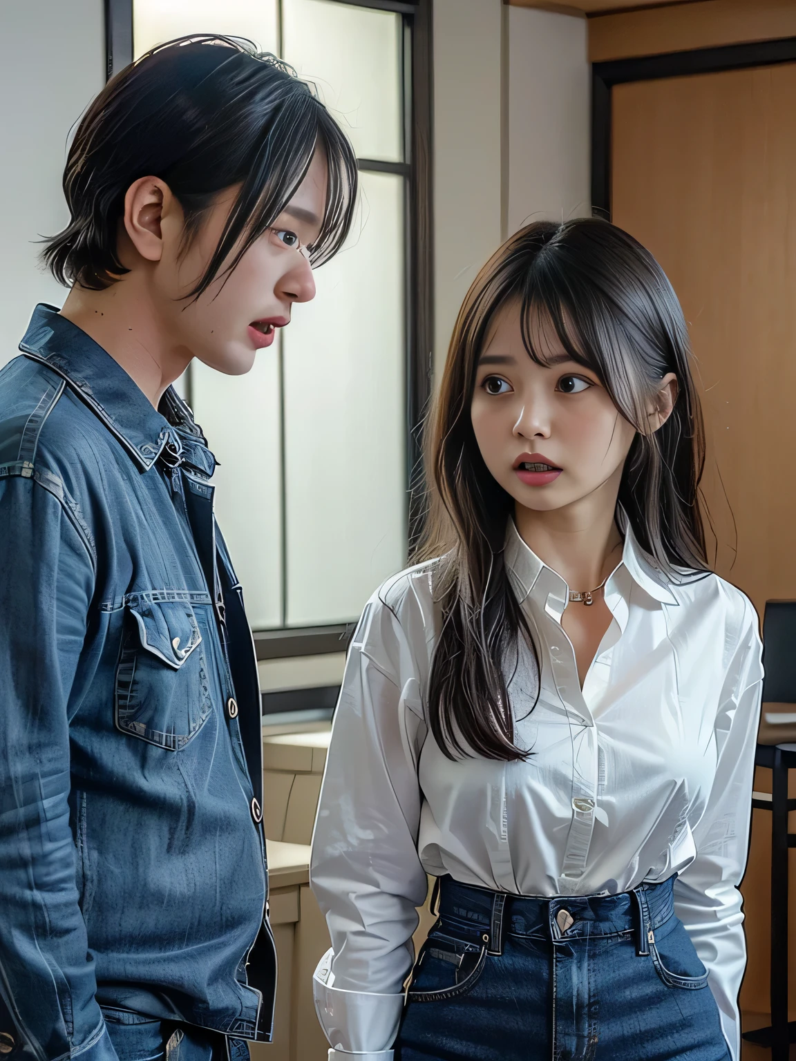 (8K、RAW Photos、Highest quality、masterpiece:1.2)、(Realistic、Realistic)、1 Girl、Lots of eyelashes、Glowing eyelids、skeletally correct、1 Male、((((((The man is standing behind the girl、A man is hugging a girl from behind))))))