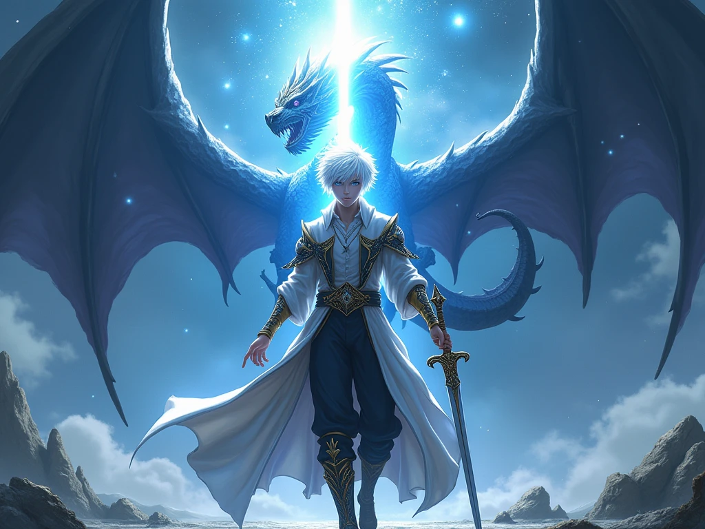 Anime. Homme 30 ans, cheveux mi-long bleu-gris, en robe de magicien de couleur bleu avec des coutures cyan, ne souris pas, pas de barbe. De son écart émane de la magie de glace. Vue de face. Derrière lui est un immense serpent marin semblant composé d'eau et émergeant de la mer Léviathan. Mer en arrière-plan.