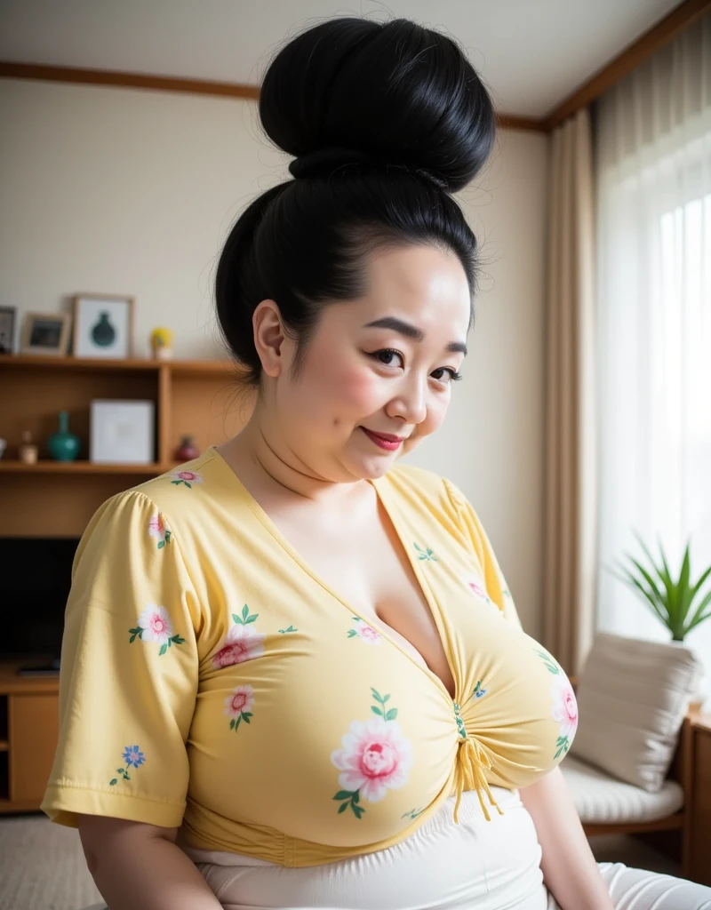 8k,Highest quality, masterpiece, Ultra-high resolution,(masterpiece:1.6, Highest quality), Intricate details, 1 female, Middle-aged woman in her 50s, japanese, full body,top of head,((jet Black Hair)) ,(A gigantic hair bun,Very big hair bun:1.５)), ((forehead:1.5)), (extremely obese, Fat face, round face, Saggy face, crow's feet wrinkies),(((Absurdly huge breasts:1.8))), (((Absurdly Saggy breasts:1.8))),(yellow floral shirt ,White Skirt :1.2), ( mature woman with a ridiculously huge hair bun is trying to unravel her hair in the living room:1.5)