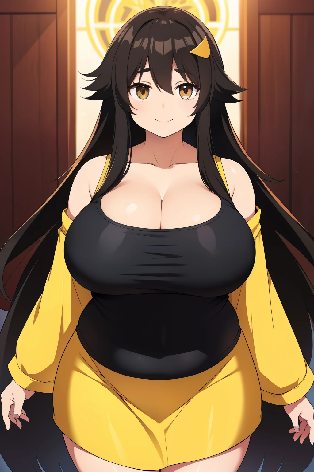 Chubby big breasts black hair brown eyes happy long messy hair smile derede yellow aura surrounding the body