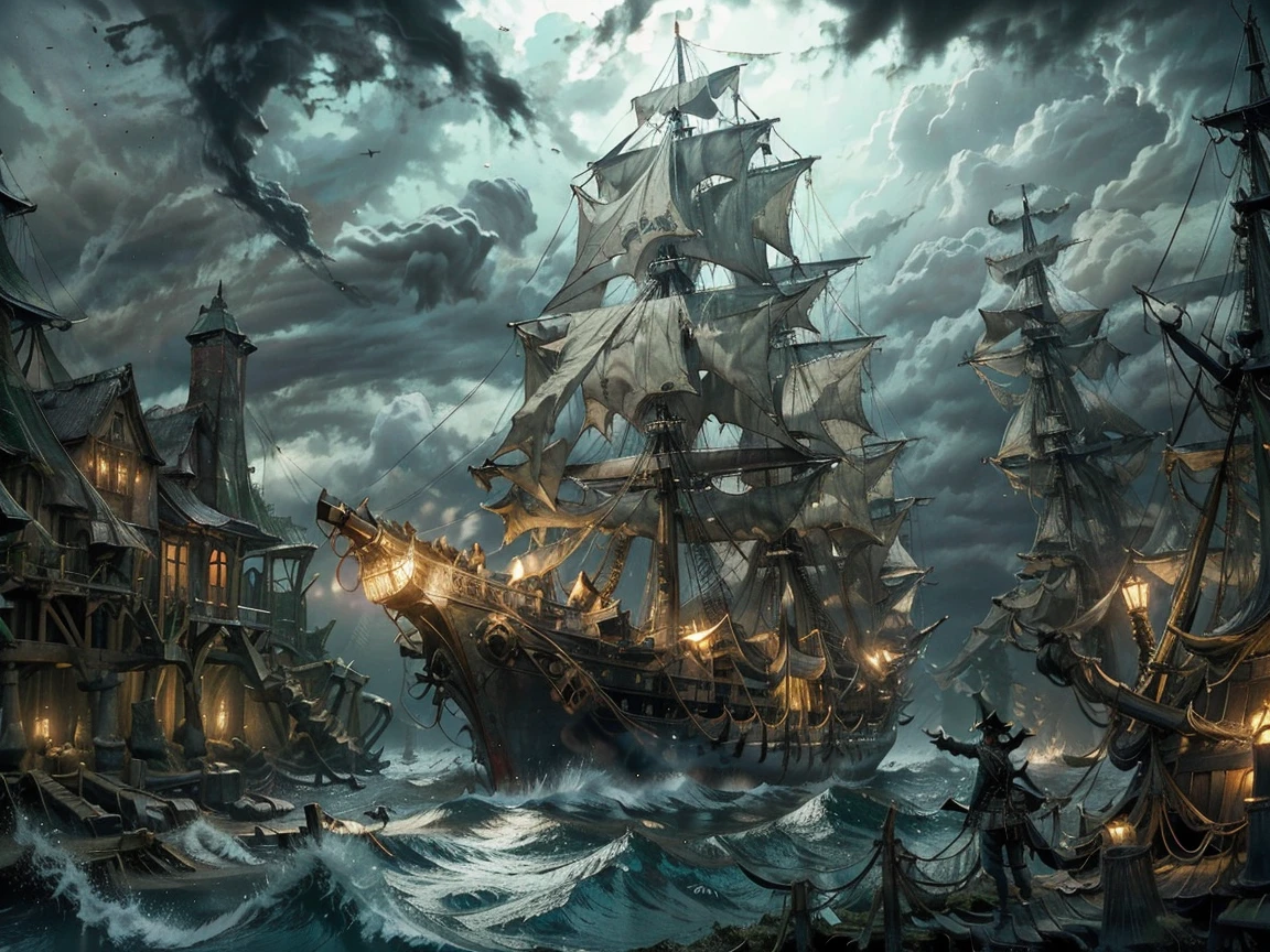 A ghostly pirate ship sailing through dense fog on a dark, stormy sea. The tattered sails glow faintly, and eerie green lights flicker from within the ship. Ghostly figures can be seen on deck as lightning strikes in the distance.