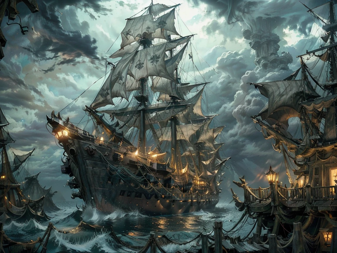 A ghostly pirate ship sailing through dense fog on a dark, stormy sea. The tattered sails glow faintly, and eerie green lights flicker from within the ship. Ghostly figures can be seen on deck as lightning strikes in the distance.