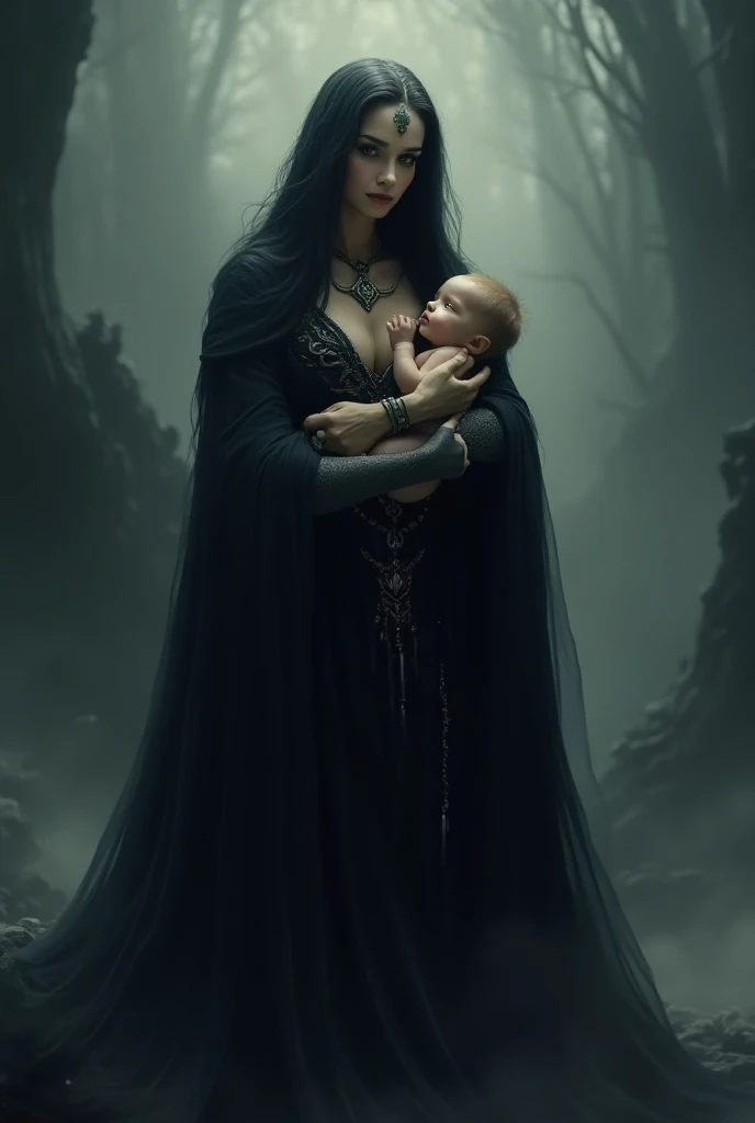 Pregnant white woman with white hair and black gradient with a red streak , crimson eyes, black gothic style clothing, serious expression.
Tall man next to him with black hair with a golden lock, gold eyes, black medieval style clothing