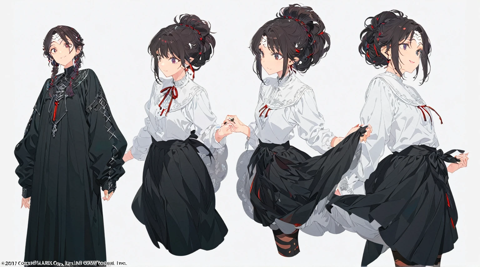 a smiling girl, masterpiece, highest quality, official art, flat color, colorful, , 1 girl, alone, white background, 2D, Fishbone Braid Hair, braid hair,hite hair,red dress,white shirts,gothic dress,looking viwer,tied hair,((gothic dress))